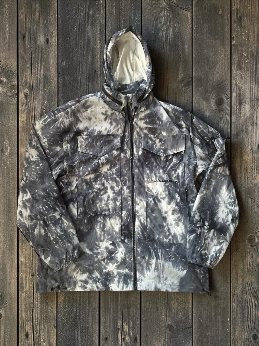 Karl Lagerfeld Paris Mens L Gray Tie Dye Utility Jacket Packable Hood Full Zip